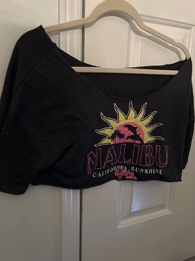 Malibu Black Crop Top with Yellow & Pink Sun Graphic
